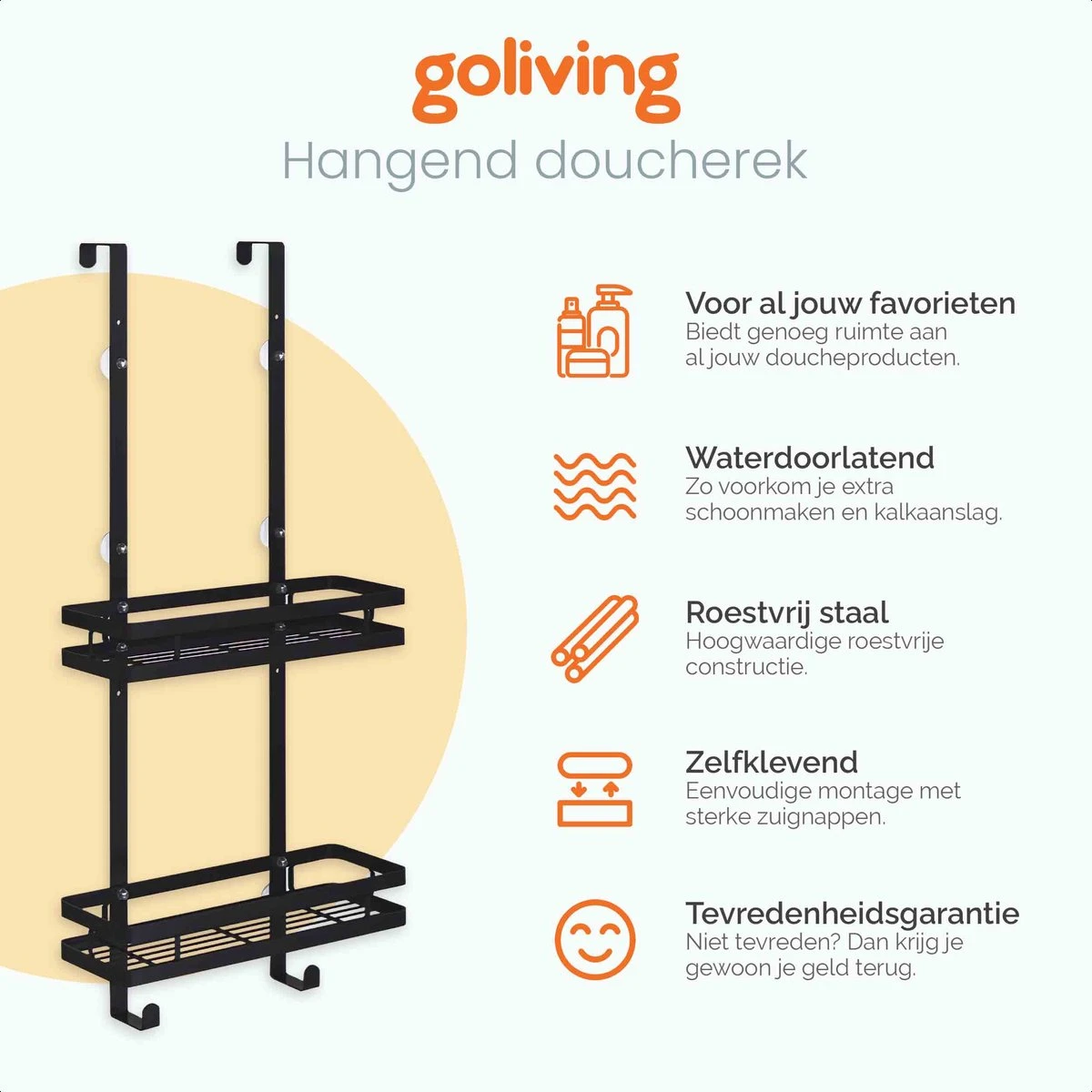 Goliving Doucherek - Doucherek Zonder Boren - Hangend Doucherek - RVS - Twee Laags - Zwart 2 Goliving Doucherek - Doucherek Zonder Boren - Hangend Doucherek - RVS - Twee Laags - Zwart - Afbeelding 2