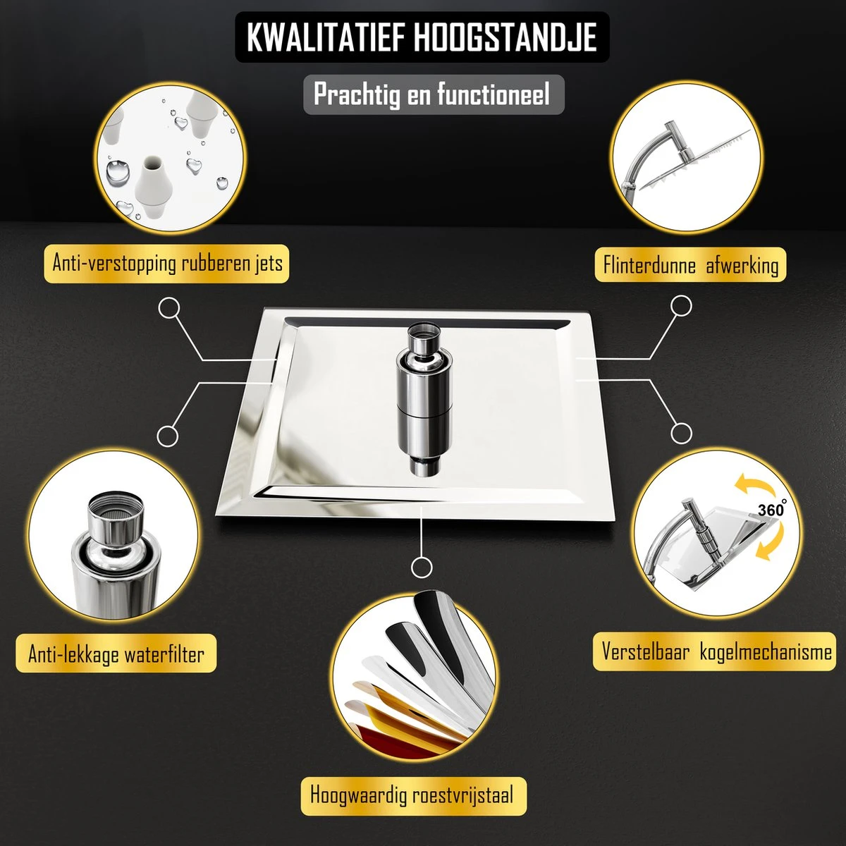 Regendouchekop Deluxe - ø 35CM - Douchekop Met Doucheslang En Douchekophouder - RVS 4 Regendouchekop Deluxe - ø 35CM - Douchekop Met Doucheslang En Douchekophouder - RVS - Afbeelding 4