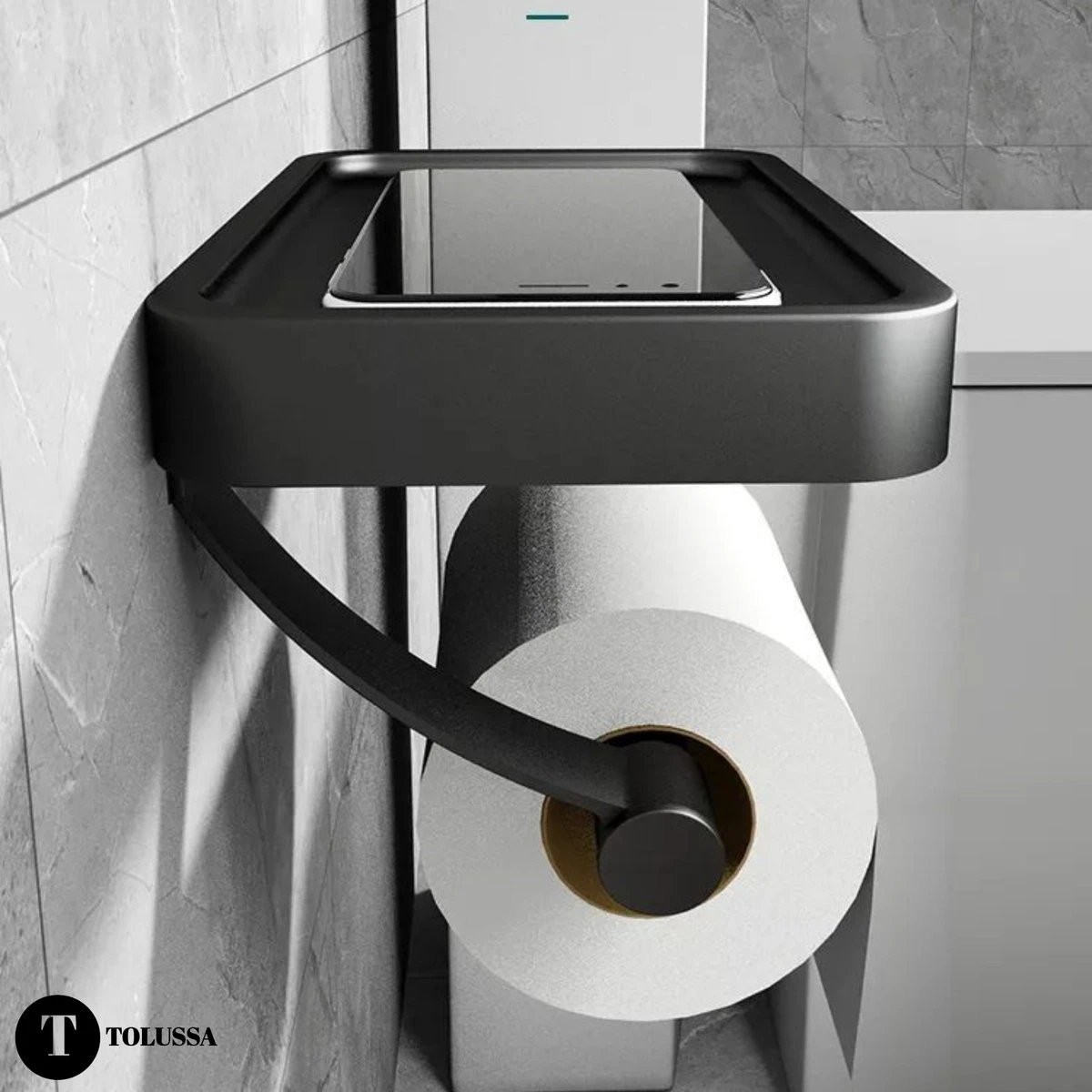Tolussa Premium WC Rolhouder Zwart Met Plankje - Toiletrolhouder Zwart Met Plankje - Met En Zonder Boren 2 Tolussa Premium WC Rolhouder Zwart Met Plankje - Toiletrolhouder Zwart Met Plankje - Met En Zonder Boren - Afbeelding 2