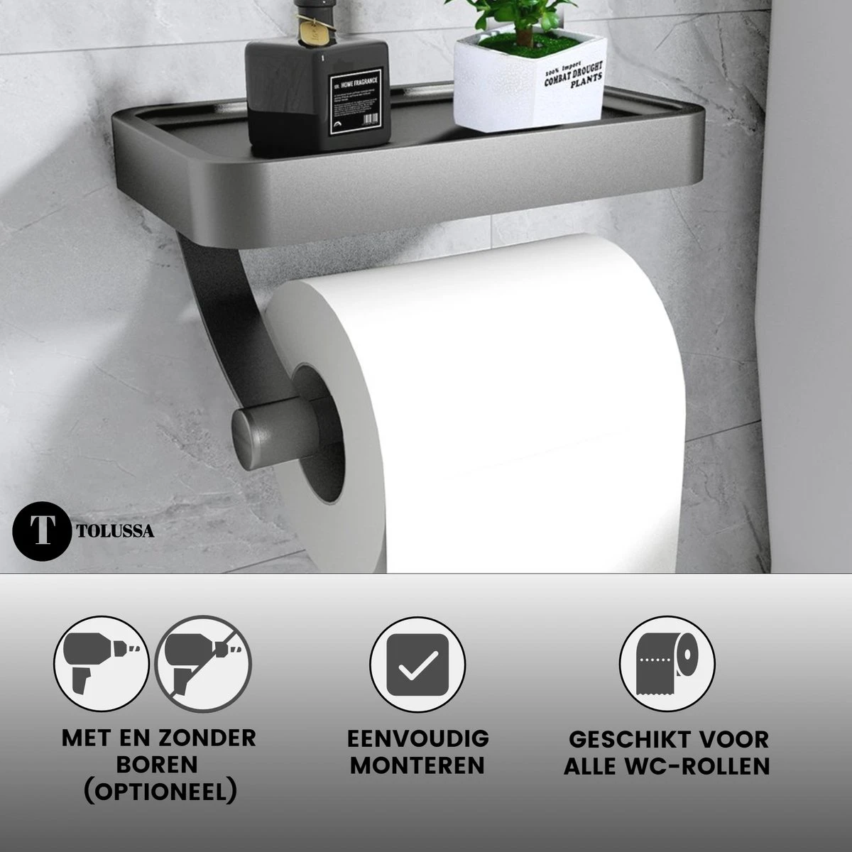 Tolussa Premium WC Rolhouder Zwart Met Plankje - Toiletrolhouder Zwart Met Plankje - Met En Zonder Boren 8 Tolussa Premium WC Rolhouder Zwart Met Plankje - Toiletrolhouder Zwart Met Plankje - Met En Zonder Boren - Afbeelding 8