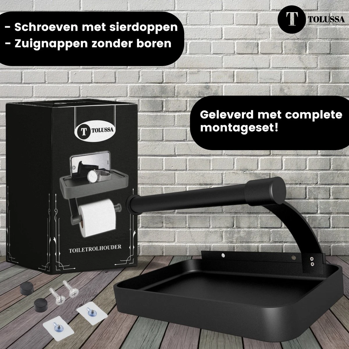 Tolussa Premium WC Rolhouder Zwart Met Plankje - Toiletrolhouder Zwart Met Plankje - Met En Zonder Boren 10 Tolussa Premium WC Rolhouder Zwart Met Plankje - Toiletrolhouder Zwart Met Plankje - Met En Zonder Boren - Afbeelding 10