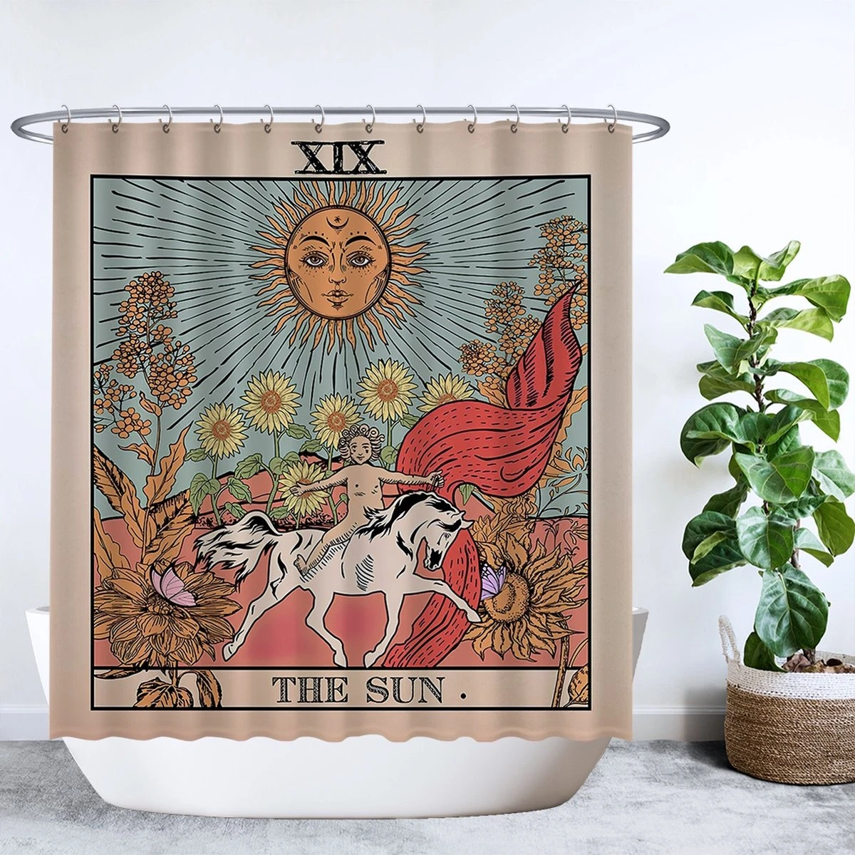 Ulticool Douchegordijn - Zon Natuur Bloemen Tarot Horoscoop Vintage Retro - 180 X 200 Cm - Semi Transparant - Met 12 Ringen Wit - Anti Schimmel - Multi Color 1 Ulticool Douchegordijn - Zon Natuur Bloemen Tarot Horoscoop Vintage Retro - 180 X 200 Cm - Semi Transparant - Met 12 Ringen Wit - Anti Schimmel - Multi Color