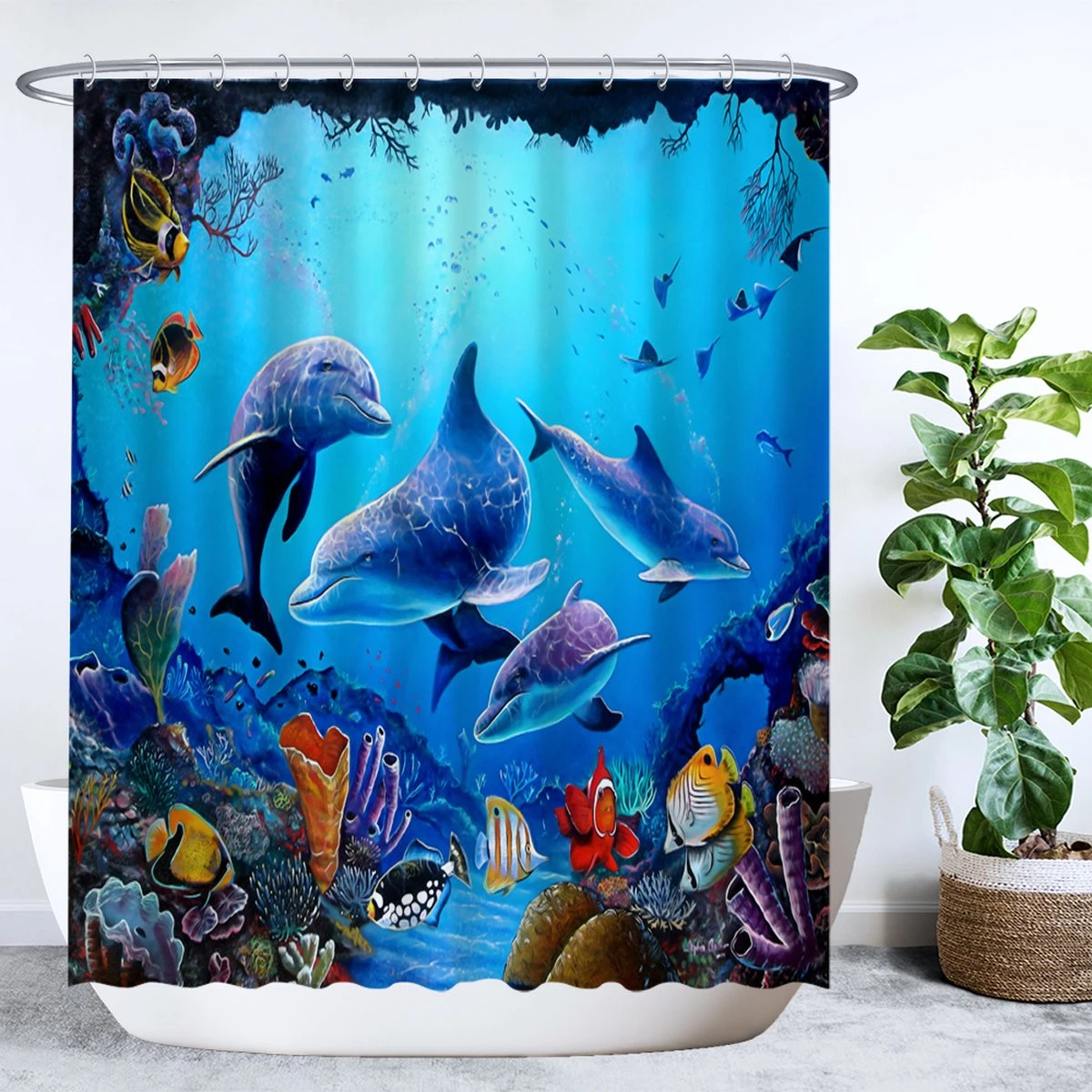 Ulticool Douchegordijn - Dolfijn Zee Vissen Aquarium - 180 X 200 Cm - Semi Transparant - Met 12 Ringen Wit - Anti Schimmel - Blauw 1 Ulticool Douchegordijn - Dolfijn Zee Vissen Aquarium - 180 X 200 Cm - Semi Transparant - Met 12 Ringen Wit - Anti Schimmel - Blauw