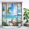 Ulticool Douchegordijn - Doorkijk Strand Zee Natuur - 180 X 200 Cm - Met 12 Ringen - Blauw Wit Groen
