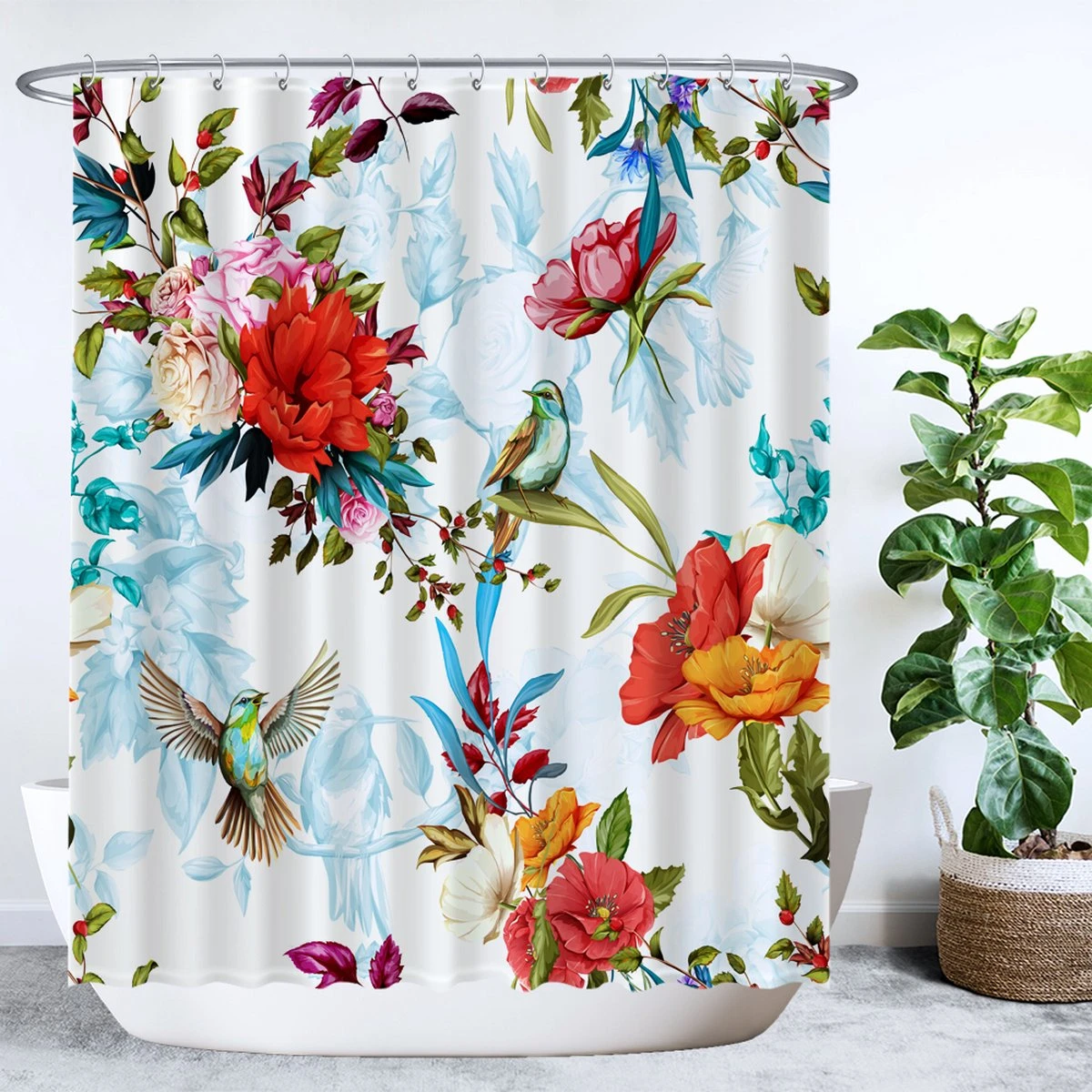 Ulticool Douchegordijn - Bloem Vogel Natuur - 180 X 200 Cm - Semi Transparant - Met 12 Ringen Wit - Anti Schimmel - Multi Color 1 Ulticool Douchegordijn - Bloem Vogel Natuur - 180 X 200 Cm - Semi Transparant - Met 12 Ringen Wit - Anti Schimmel - Multi Color
