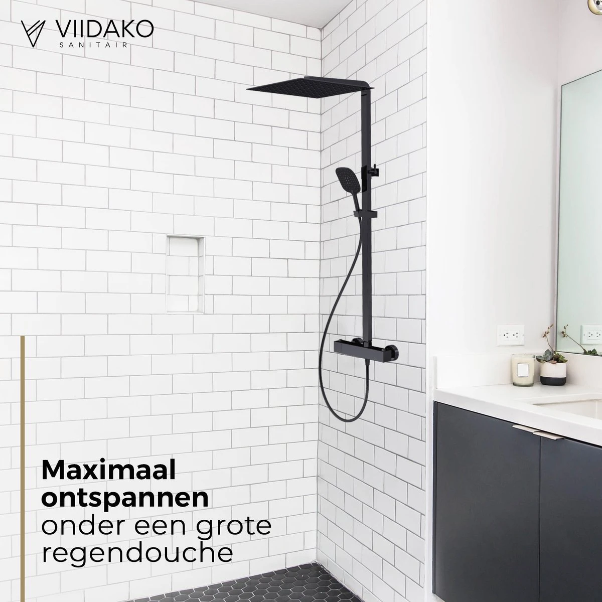 Viidako Kimii Doucheset Opbouw Compleet – Mat Zwart – Vierkant 30 Cm X 30 Cm - Sedal Binnenwerk -Thermostaatkraan – Zeer Goede Kwaliteit – RVS En Messing – Design 2 Viidako Kimii Doucheset Opbouw Compleet – Mat Zwart – Vierkant 30 Cm X 30 Cm - Sedal Binnenwerk -Thermostaatkraan – Zeer Goede Kwaliteit – RVS En Messing – Design - Afbeelding 2