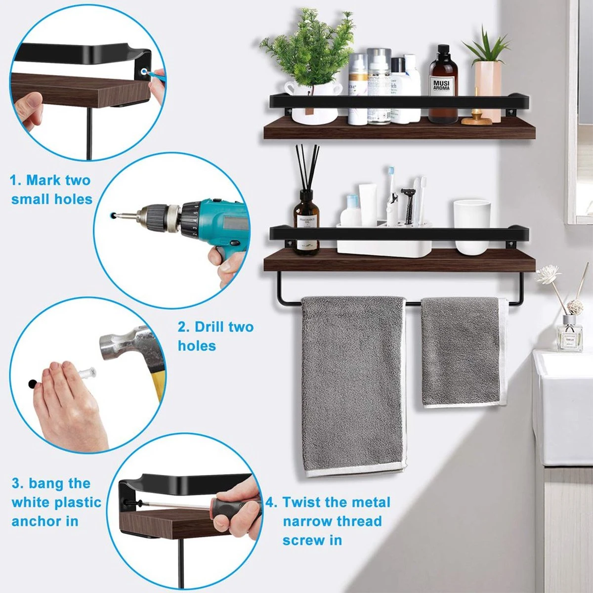 Zwevende Wandplank - 2 Stuks - 40cm - Handdoekhouder En 8 Haakjes - Badkamerplank Decoratieve Muur Opbergplanken Voor Badkamer Slaapkamer, Woonkamer, Keuken Plank 5 Zwevende Wandplank - 2 Stuks - 40cm - Handdoekhouder En 8 Haakjes - Badkamerplank Decoratieve Muur Opbergplanken Voor Badkamer Slaapkamer, Woonkamer, Keuken Plank - Afbeelding 5