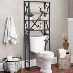 Homestic© - Ruimtebesparende Toiletmeubel - WC Plank, Badkamerplank Met 4 Open Vakken - Industrieel RVS Badkamermeubel - Zwart Staal / Hout - 170x54x24 CM -Merkloos Verkoop 1200x1200 2880