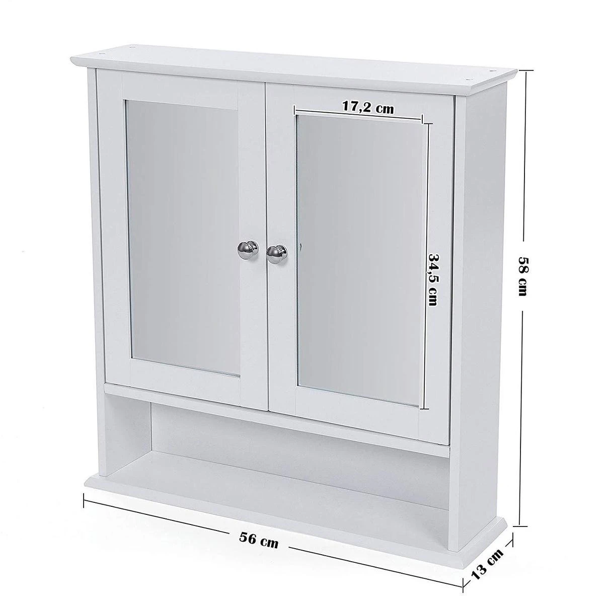 Badkamerkastje Met Twee Spiegels Als Deuren - Inclusief Open Plankje - 56x13x58cm - Wit 4 Badkamerkastje Met Twee Spiegels Als Deuren - Inclusief Open Plankje - 56x13x58cm - Wit - Afbeelding 4