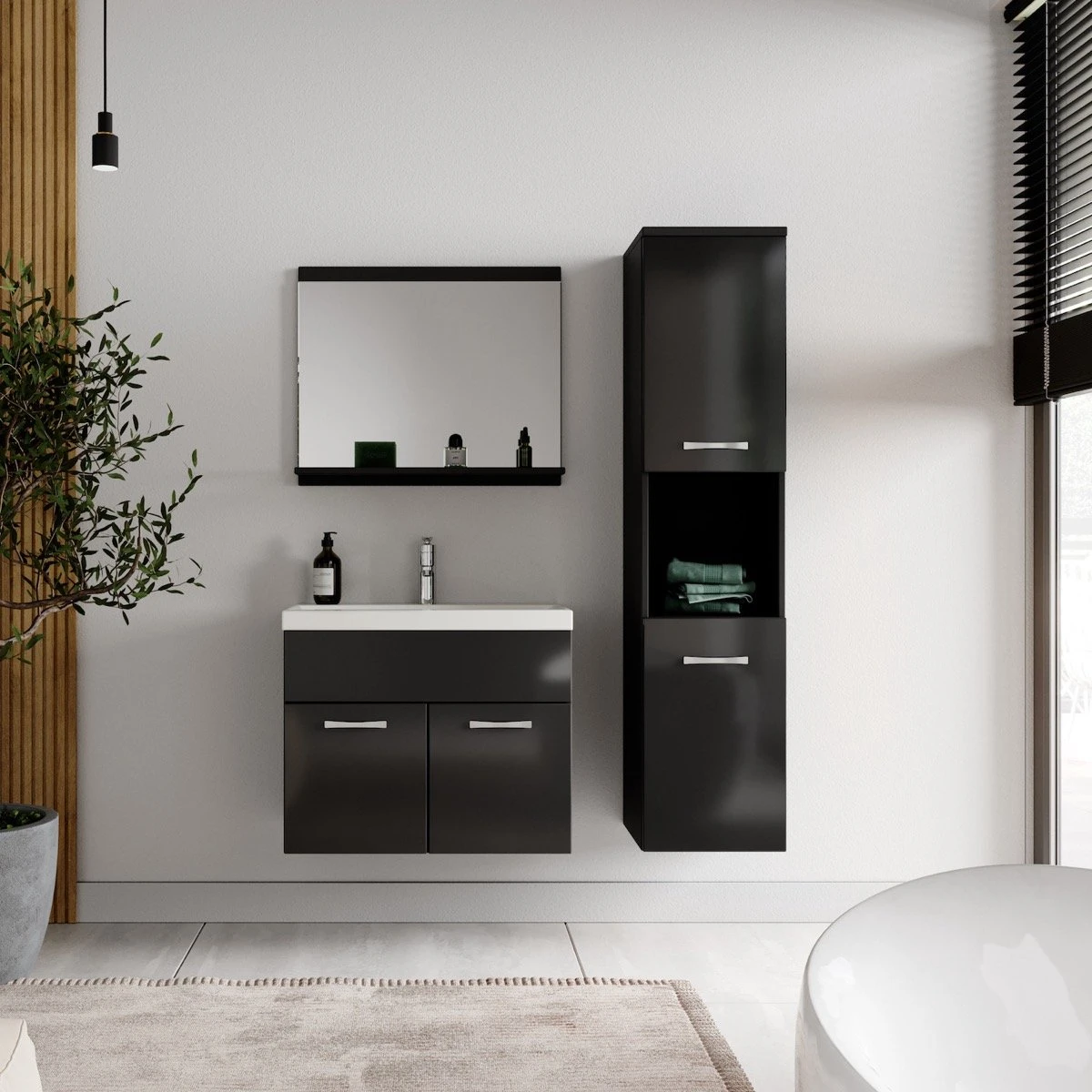 Badplaats Badkamermeubel Set Montreal 60 Cm X 35 Cm - Zwart Hoogglans - Badmeubel Met Spiegel En Zijkast 5 Badplaats Badkamermeubel Set Montreal 60 Cm X 35 Cm - Zwart Hoogglans - Badmeubel Met Spiegel En Zijkast - Afbeelding 5