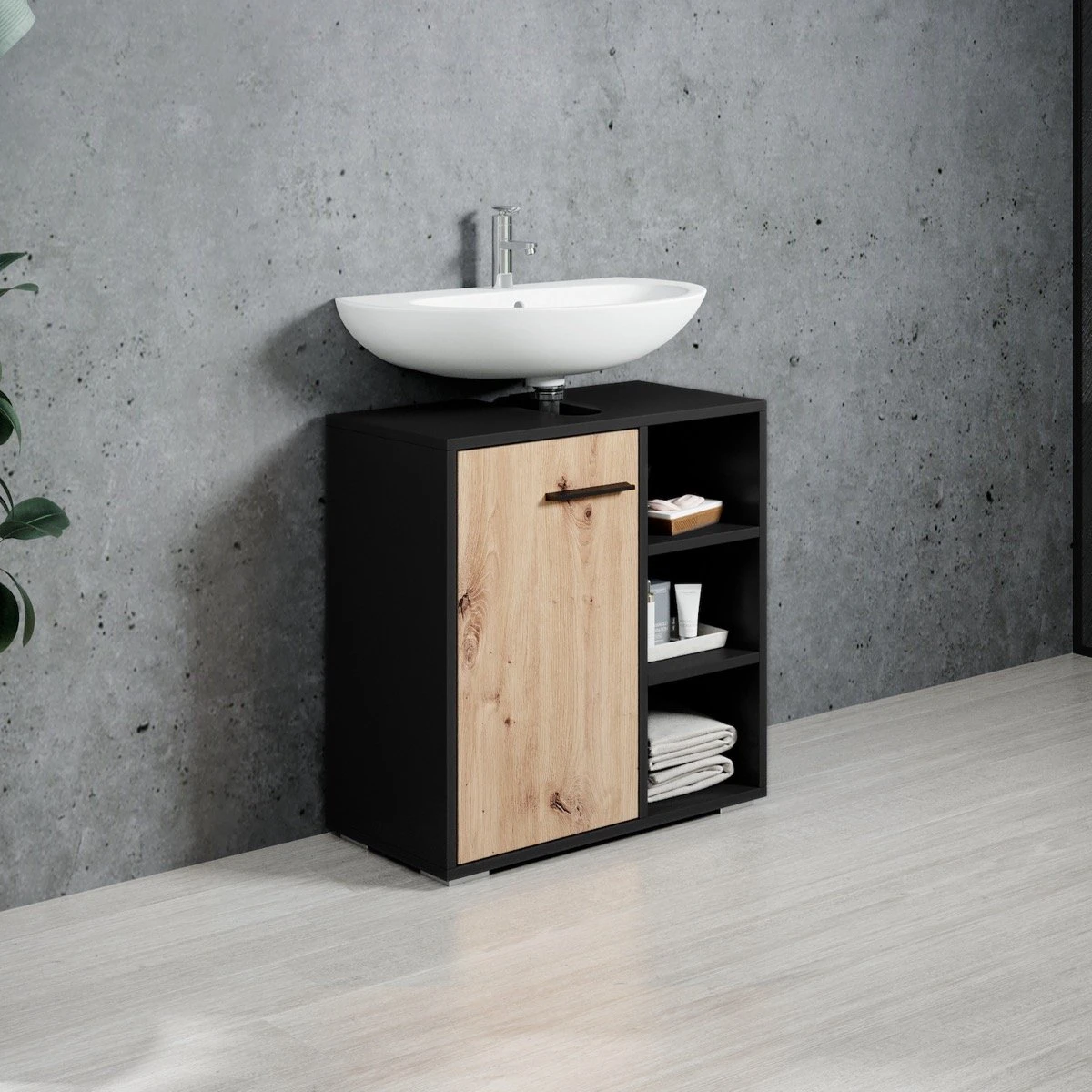 Badplaats Wastafel Onderkast Neptunus 60 Cm X 30 Cm X 60 Cm - Zwart Met Eiken - Badkamerkast – Staand Wastafelmeubel 4 Badplaats Wastafel Onderkast Neptunus 60 Cm X 30 Cm X 60 Cm - Zwart Met Eiken - Badkamerkast – Staand Wastafelmeubel - Afbeelding 4