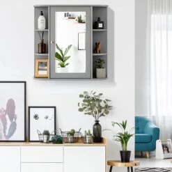 LUXGOODS Spiegelkast, Badkamerkast Met Spiegel, Aan De Muur Bevestigd Opbergkast, Houten Hangend Kast Met Verstelbare Planken & Open Compartimenten, Multifunctioneel Medicijnkastje Voor Badkamer, Woonkamer, Keuken, 66 X 63 X 16,5 Cm (Grijs) -Merkloos Verkoop 1200x1200 3072