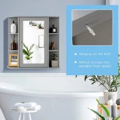 LUXGOODS Spiegelkast, Badkamerkast Met Spiegel, Aan De Muur Bevestigd Opbergkast, Houten Hangend Kast Met Verstelbare Planken & Open Compartimenten, Multifunctioneel Medicijnkastje Voor Badkamer, Woonkamer, Keuken, 66 X 63 X 16,5 Cm (Grijs) -Merkloos Verkoop 1200x1200 3073