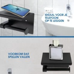 Toiletrolhouder Met Telefoonhouder - Zelfklevend / Boren / Zonder Boren - Incl. Handdoekhaakjes - WC Rolhouder - Zwart 23 Toiletrolhouder Met Telefoonhouder - Zelfklevend / Boren / Zonder Boren - Incl. Handdoekhaakjes - WC Rolhouder - Zwart -Merkloos Verkoop 1200x1200 338