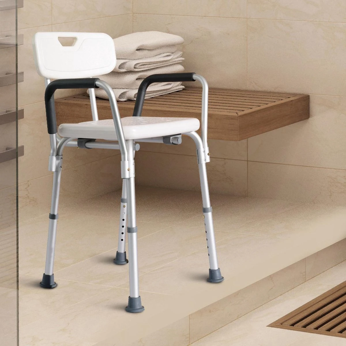 Douchestoel Met Afneembare Rugleuning En Armleuningen - Lichtgewicht En In Hoogte Verstelbaar - Douchekruk 2 Douchestoel Met Afneembare Rugleuning En Armleuningen - Lichtgewicht En In Hoogte Verstelbaar - Douchekruk - Afbeelding 2