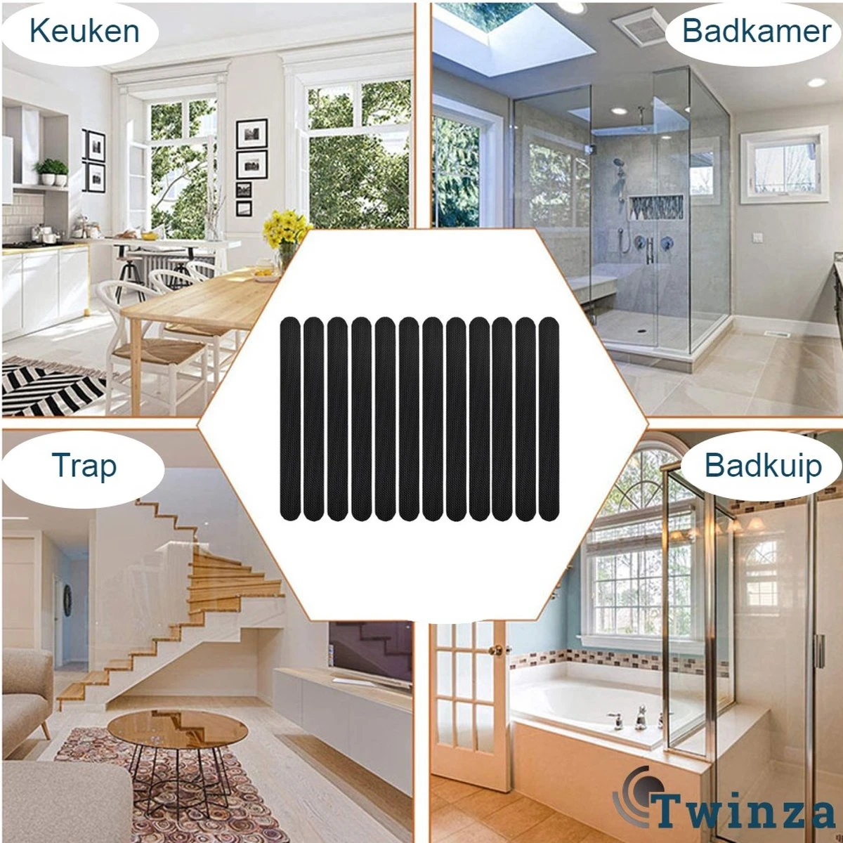 Zelfklevende Antislip Stickers - Douche/Bad/Trap Plakstrip - Badkamer Antislip Strips - 12stuks - 38x2cm - Zwart 2 Zelfklevende Antislip Stickers - Douche/Bad/Trap Plakstrip - Badkamer Antislip Strips - 12stuks - 38x2cm - Zwart - Afbeelding 2