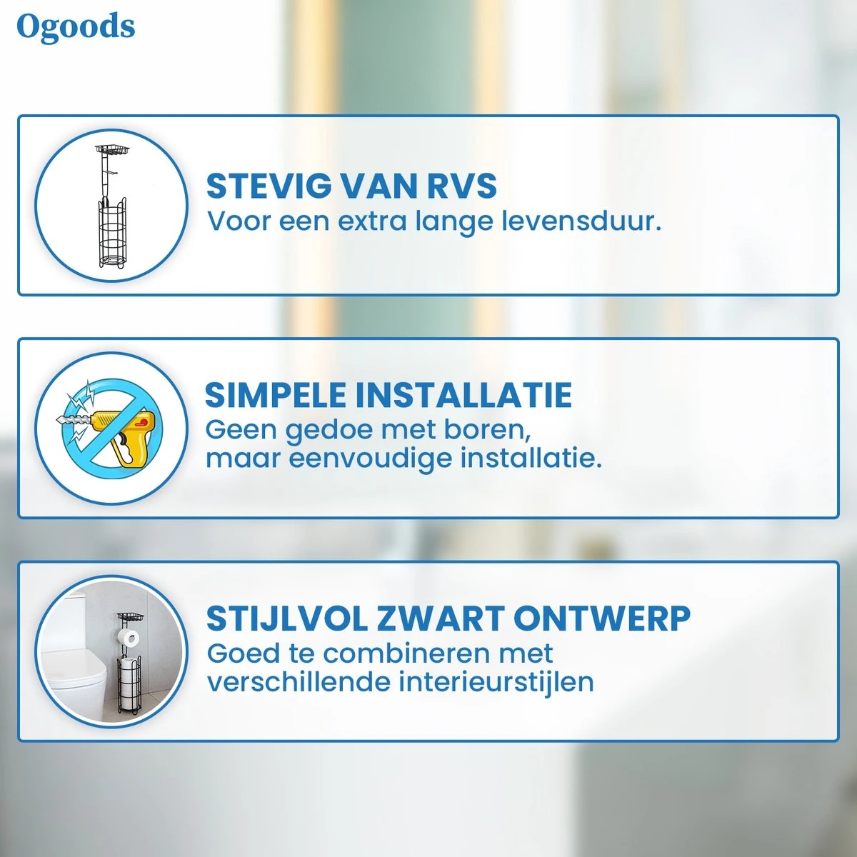 Ogoods Praktische WC Rolhouder – RVS Toiletrolhouder Staand – Rolhouder – Zonder Boren - Toiletrolstandaard - Zwart 3 Ogoods Praktische WC Rolhouder – RVS Toiletrolhouder Staand – Rolhouder – Zonder Boren - Toiletrolstandaard - Zwart - Afbeelding 3