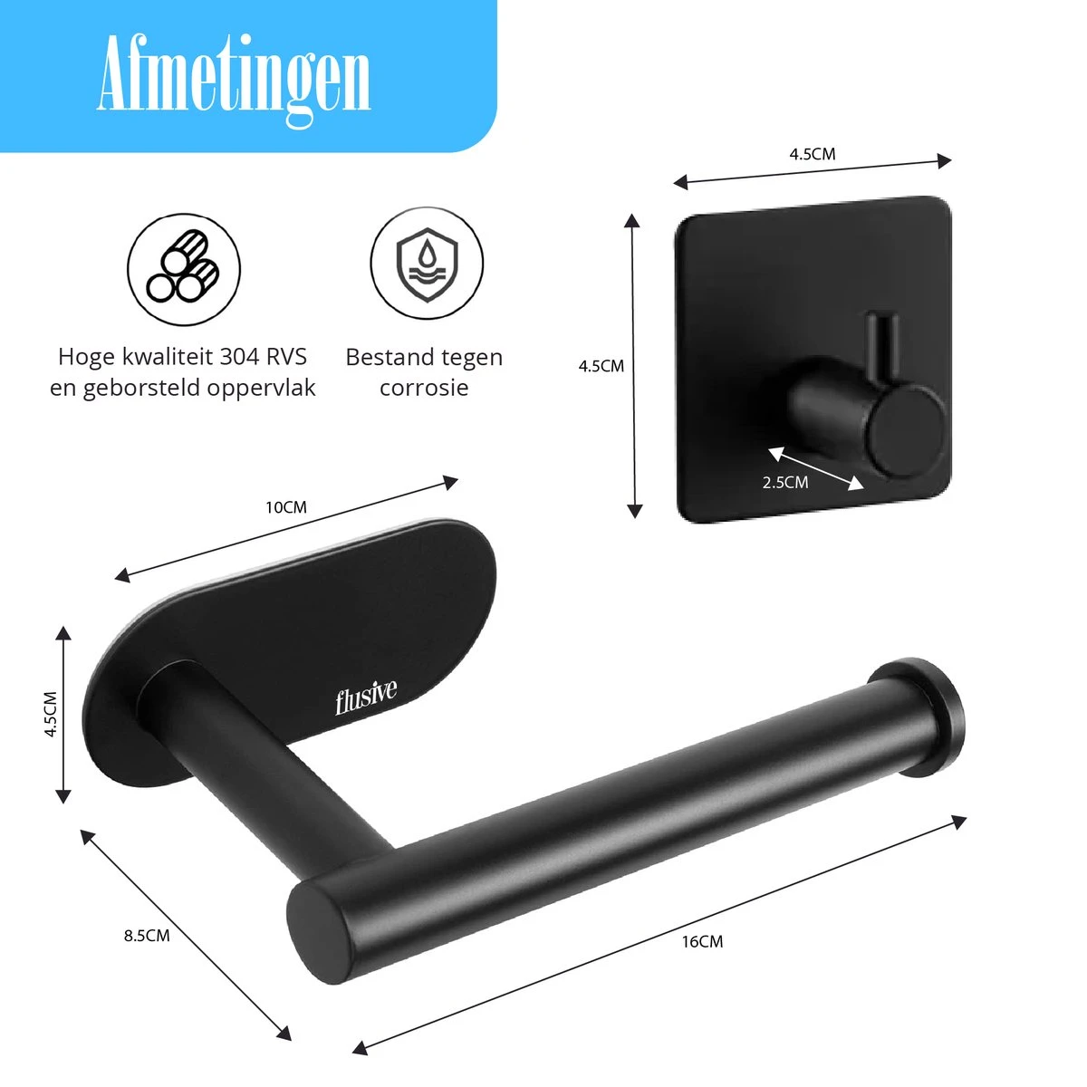 Flusive Toiletrolhouder Met 4 Handdoekhaakjes - Wc Rolhouder - Zelfklevend Zonder Boren - RVS - Zwart 2 Flusive Toiletrolhouder Met 4 Handdoekhaakjes - Wc Rolhouder - Zelfklevend Zonder Boren - RVS - Zwart - Afbeelding 2