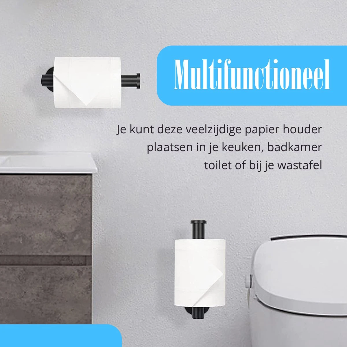 Flusive Toiletrolhouder Met 4 Handdoekhaakjes - Wc Rolhouder - Zelfklevend Zonder Boren - RVS - Zwart 7 Flusive Toiletrolhouder Met 4 Handdoekhaakjes - Wc Rolhouder - Zelfklevend Zonder Boren - RVS - Zwart - Afbeelding 7