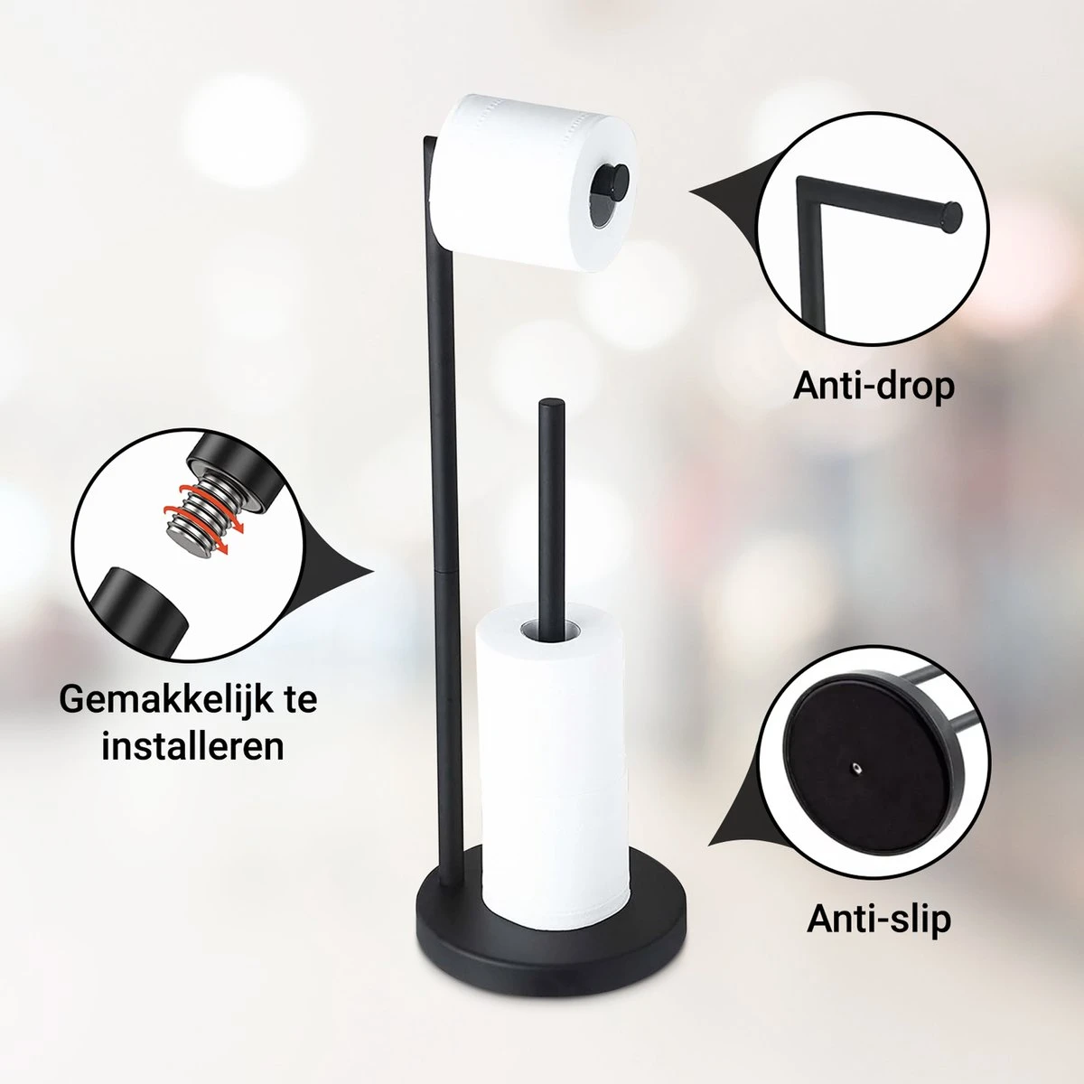 VDN Stainless Wc Rolhouder Staand - Wc Rolhouder Zwart - Toiletrolhouder En Reserverolhouder - RVS - Geschikt Voor 3+1 WC Papier Rollen - 2 In 1 2 VDN Stainless Wc Rolhouder Staand - Wc Rolhouder Zwart - Toiletrolhouder En Reserverolhouder - RVS - Geschikt Voor 3+1 WC Papier Rollen - 2 In 1 - Afbeelding 2