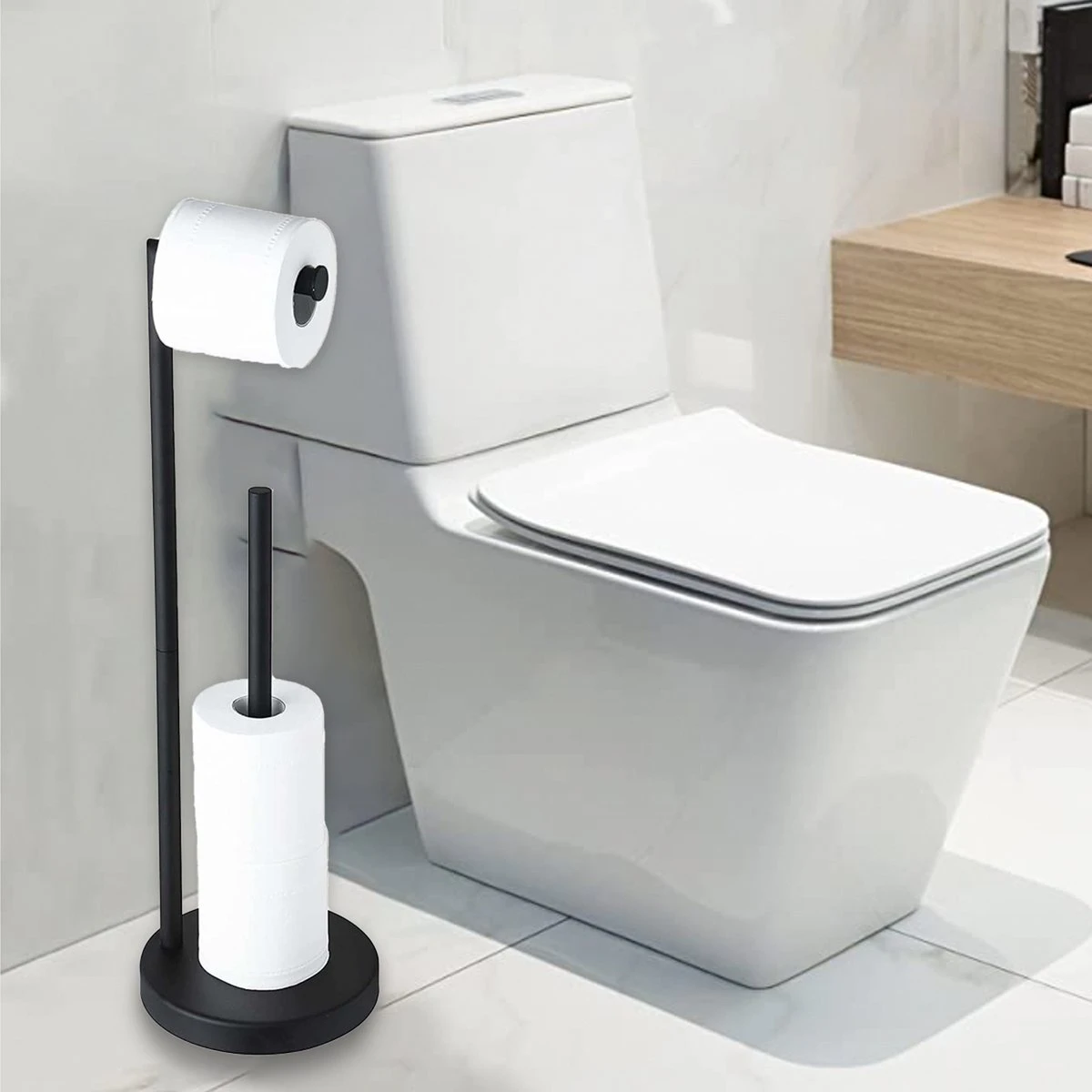 VDN Stainless Wc Rolhouder Staand - Wc Rolhouder Zwart - Toiletrolhouder En Reserverolhouder - RVS - Geschikt Voor 3+1 WC Papier Rollen - 2 In 1 4 VDN Stainless Wc Rolhouder Staand - Wc Rolhouder Zwart - Toiletrolhouder En Reserverolhouder - RVS - Geschikt Voor 3+1 WC Papier Rollen - 2 In 1 - Afbeelding 4