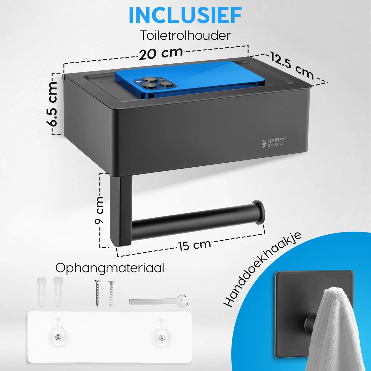 Happy Goods - WC Rolhouder Zonder Boren Zwart - Toiletrolhouder Met Plankje En Bakje RVS - Met Handdoekhaakje 3 Happy Goods - WC Rolhouder Zonder Boren Zwart - Toiletrolhouder Met Plankje En Bakje RVS - Met Handdoekhaakje - Afbeelding 3