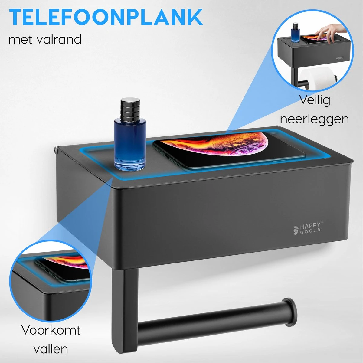 Happy Goods - WC Rolhouder Zonder Boren Zwart - Toiletrolhouder Met Plankje En Bakje RVS - Met Handdoekhaakje 4 Happy Goods - WC Rolhouder Zonder Boren Zwart - Toiletrolhouder Met Plankje En Bakje RVS - Met Handdoekhaakje - Afbeelding 4