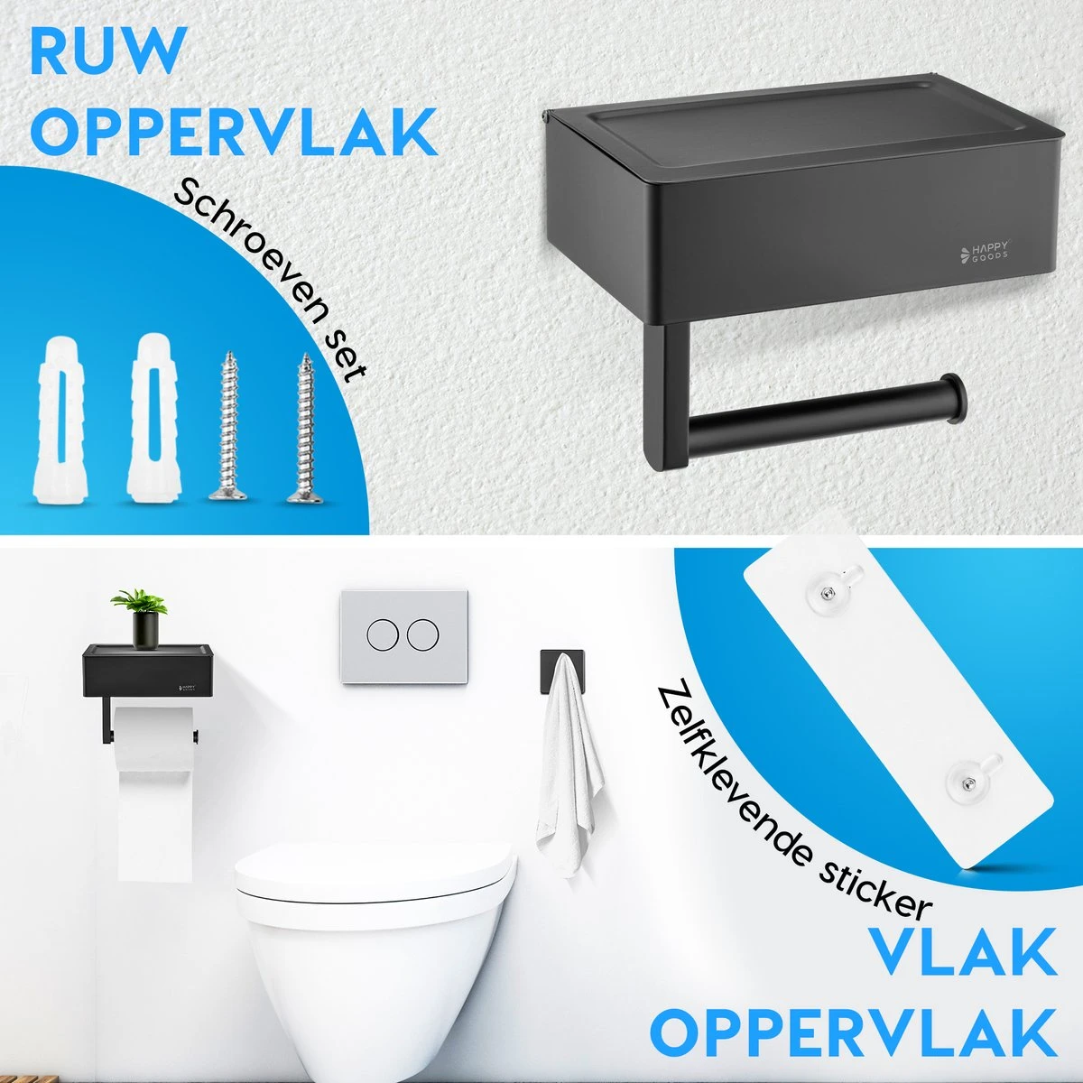 Happy Goods - WC Rolhouder Zonder Boren Zwart - Toiletrolhouder Met Plankje En Bakje RVS - Met Handdoekhaakje 6 Happy Goods - WC Rolhouder Zonder Boren Zwart - Toiletrolhouder Met Plankje En Bakje RVS - Met Handdoekhaakje - Afbeelding 6