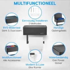 Happy Goods - WC Rolhouder Zonder Boren Zwart - Toiletrolhouder Met Plankje En Bakje RVS - Met Handdoekhaakje 13 Happy Goods - WC Rolhouder Zonder Boren Zwart - Toiletrolhouder Met Plankje En Bakje RVS - Met Handdoekhaakje -Merkloos Verkoop 1200x1200 429