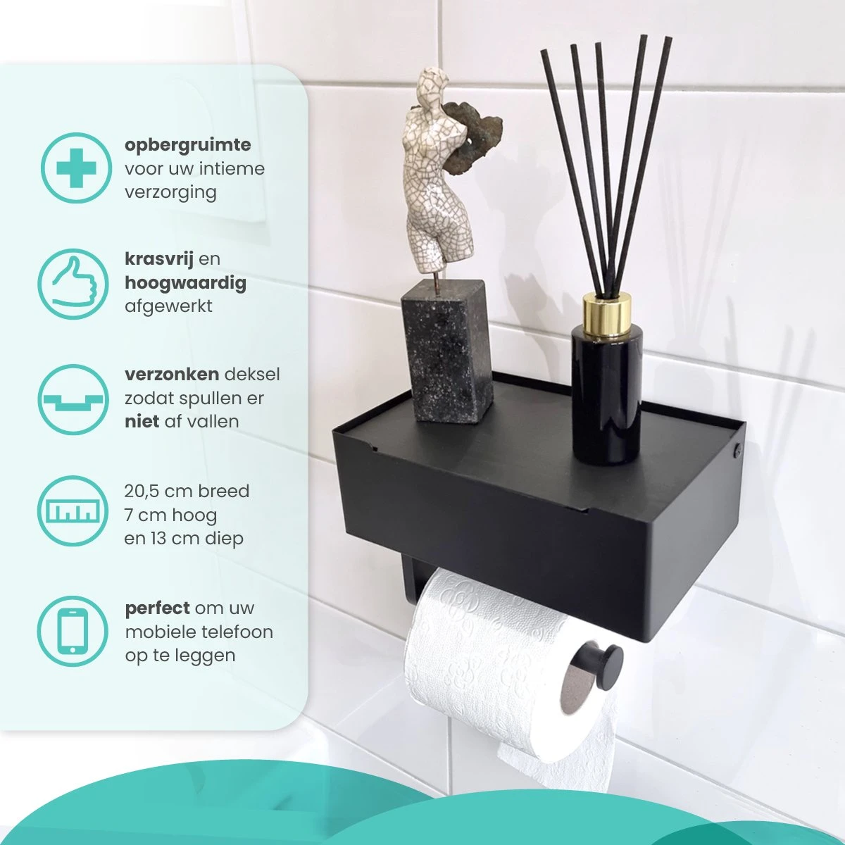 Toiletrolhouder Met Bakje – WC Rolhouder Zwart - Toiletrolhouder Met Extra Opbergruimte 2 Toiletrolhouder Met Bakje – WC Rolhouder Zwart - Toiletrolhouder Met Extra Opbergruimte - Afbeelding 2