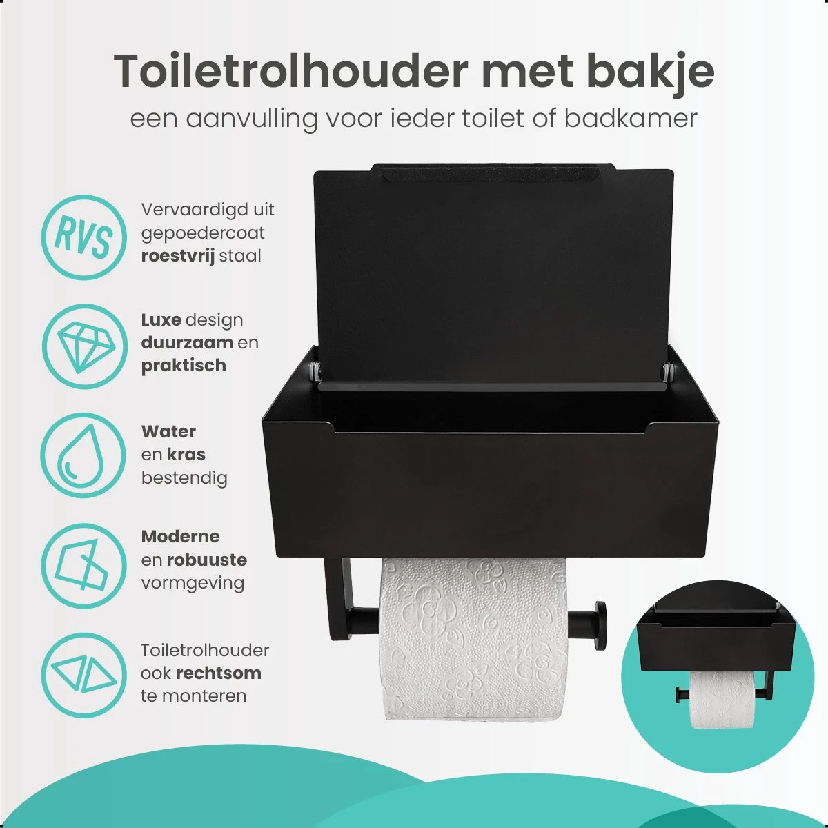 Toiletrolhouder Met Bakje – WC Rolhouder Zwart - Toiletrolhouder Met Extra Opbergruimte 3 Toiletrolhouder Met Bakje – WC Rolhouder Zwart - Toiletrolhouder Met Extra Opbergruimte - Afbeelding 3