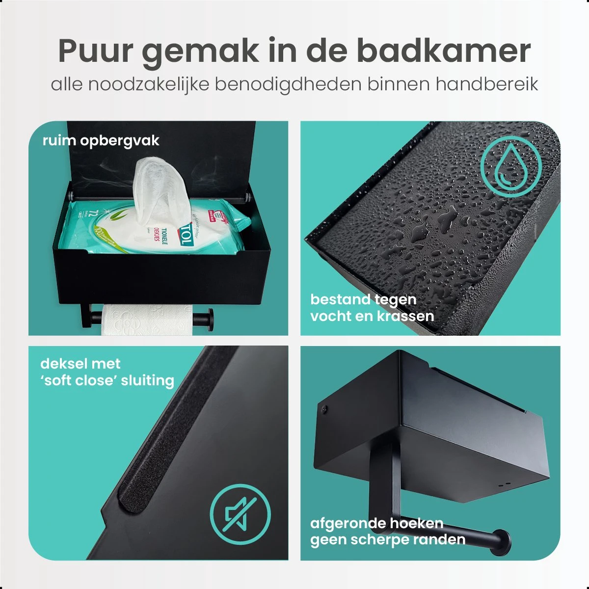 Toiletrolhouder Met Bakje – WC Rolhouder Zwart - Toiletrolhouder Met Extra Opbergruimte 4 Toiletrolhouder Met Bakje – WC Rolhouder Zwart - Toiletrolhouder Met Extra Opbergruimte - Afbeelding 4