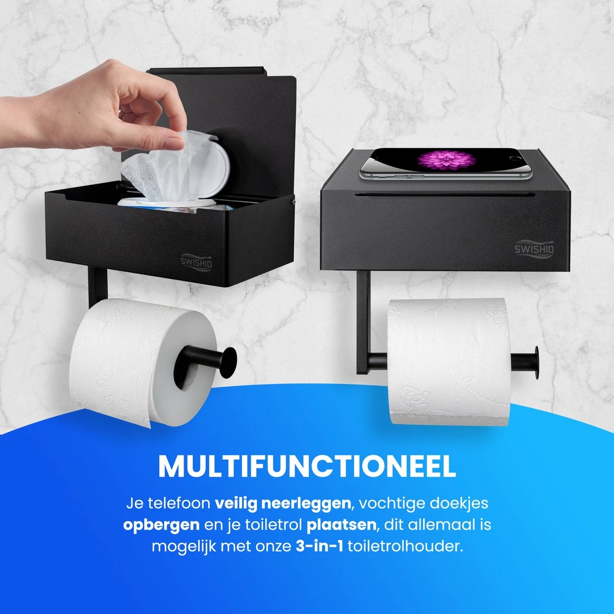 Toiletrolhouder Met Plankje En Bakje - WC Rolhouder Zwart - Opbergvak - Zelfklevend - Zonder Boren - RVS 2 Toiletrolhouder Met Plankje En Bakje - WC Rolhouder Zwart - Opbergvak - Zelfklevend - Zonder Boren - RVS - Afbeelding 2