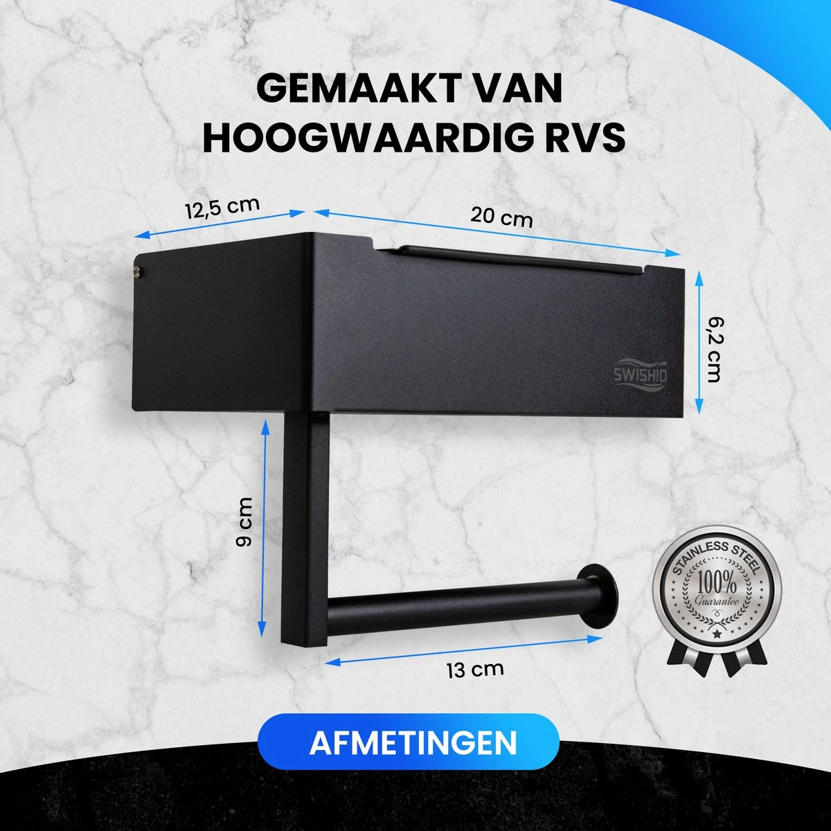 Toiletrolhouder Met Plankje En Bakje - WC Rolhouder Zwart - Opbergvak - Zelfklevend - Zonder Boren - RVS 3 Toiletrolhouder Met Plankje En Bakje - WC Rolhouder Zwart - Opbergvak - Zelfklevend - Zonder Boren - RVS - Afbeelding 3