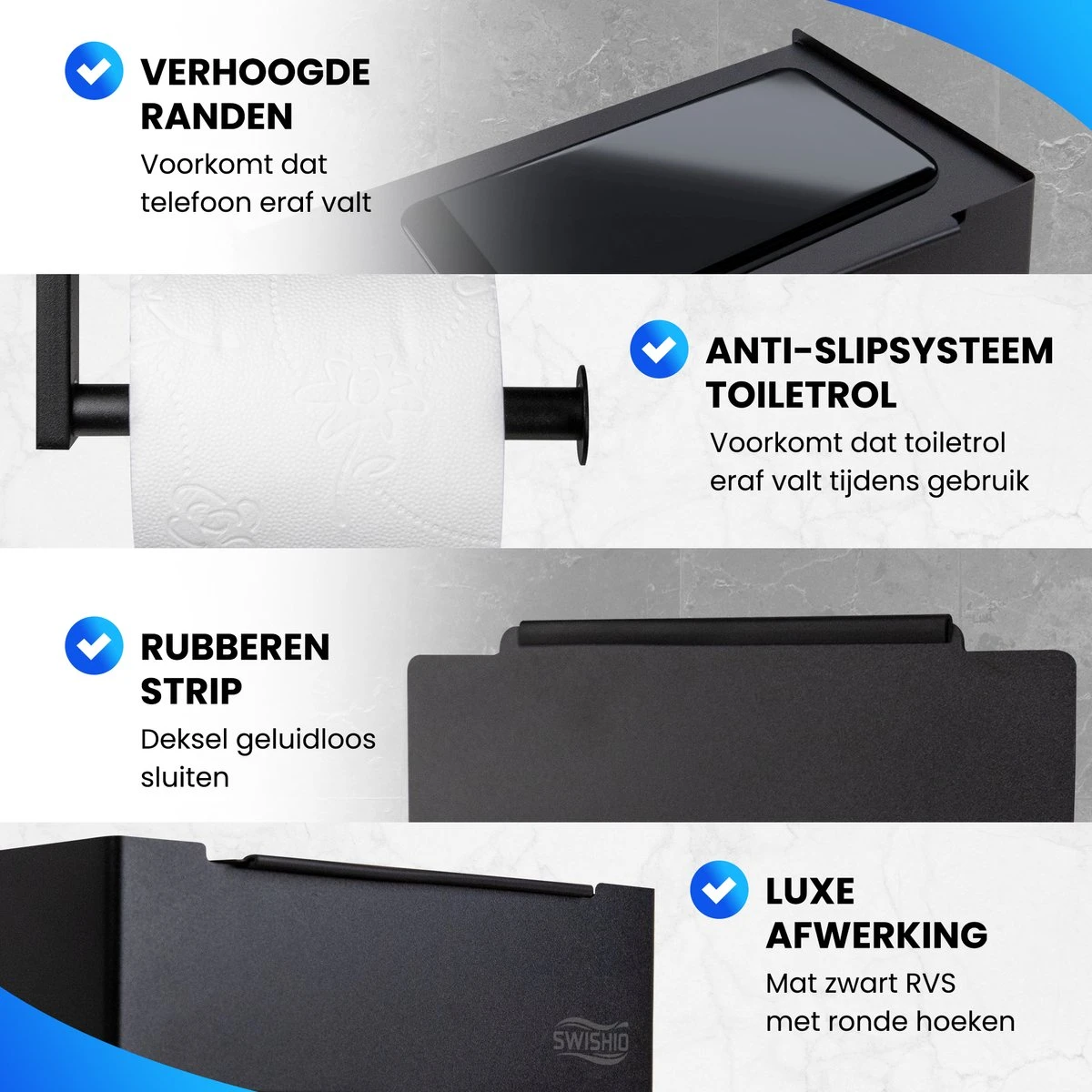 Toiletrolhouder Met Plankje En Bakje - WC Rolhouder Zwart - Opbergvak - Zelfklevend - Zonder Boren - RVS 5 Toiletrolhouder Met Plankje En Bakje - WC Rolhouder Zwart - Opbergvak - Zelfklevend - Zonder Boren - RVS - Afbeelding 5