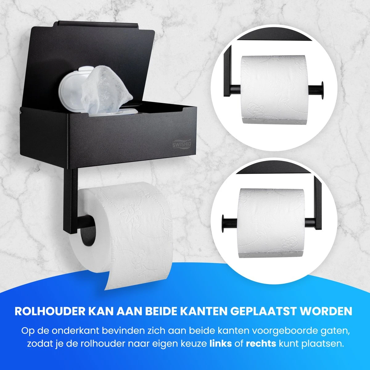 Toiletrolhouder Met Plankje En Bakje - WC Rolhouder Zwart - Opbergvak - Zelfklevend - Zonder Boren - RVS 6 Toiletrolhouder Met Plankje En Bakje - WC Rolhouder Zwart - Opbergvak - Zelfklevend - Zonder Boren - RVS - Afbeelding 6