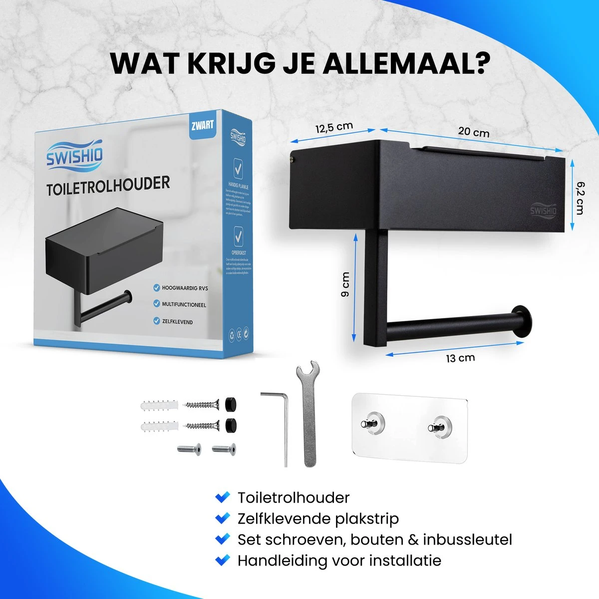 Toiletrolhouder Met Plankje En Bakje - WC Rolhouder Zwart - Opbergvak - Zelfklevend - Zonder Boren - RVS 7 Toiletrolhouder Met Plankje En Bakje - WC Rolhouder Zwart - Opbergvak - Zelfklevend - Zonder Boren - RVS - Afbeelding 7