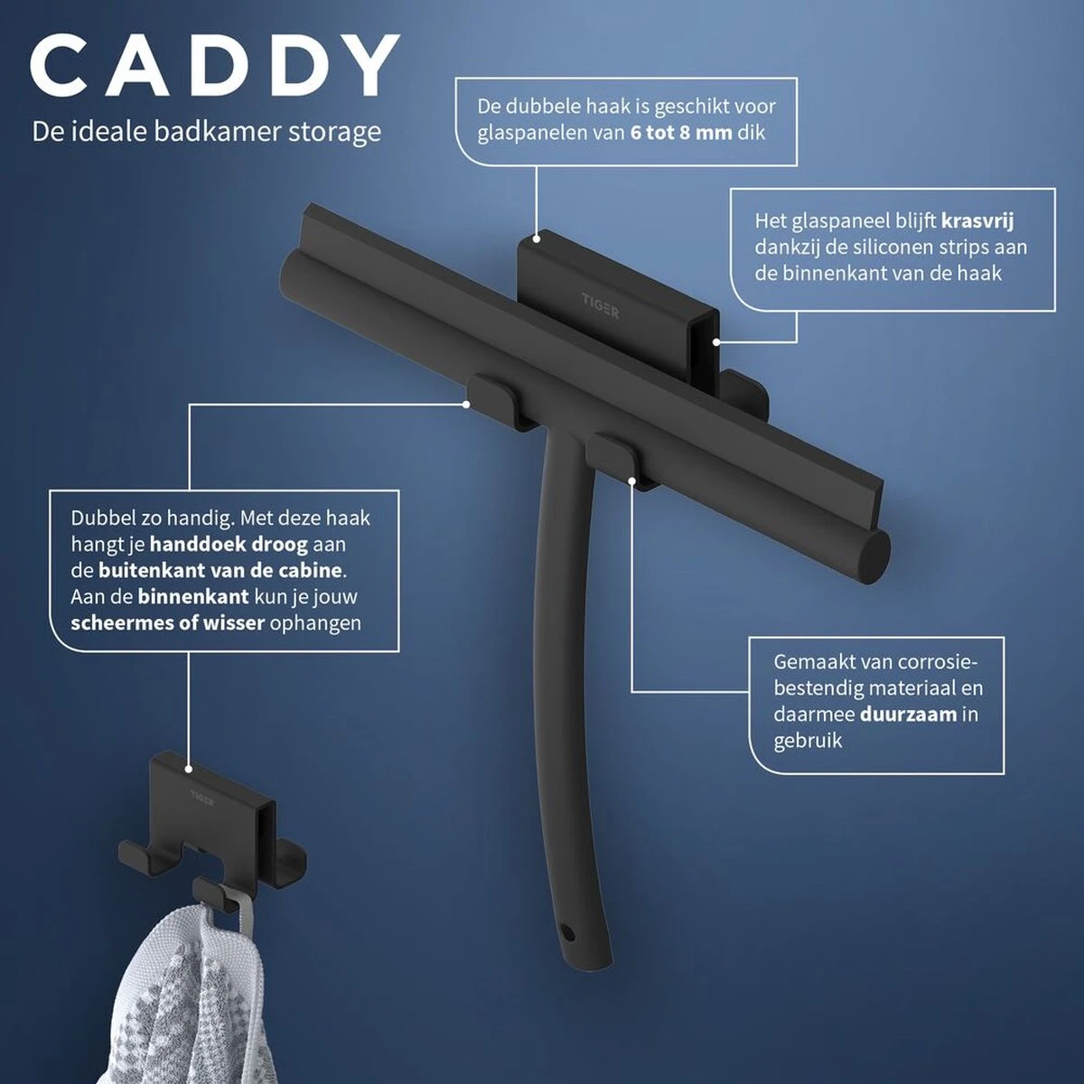 Tiger Caddy - Handdoekhaak Voor Douchecabine - Glaspaneel Dikte 6-8 Mm - 3,5 X 7 X 5 Cm - Dubbel - Zwart 5 Tiger Caddy - Handdoekhaak Voor Douchecabine - Glaspaneel Dikte 6-8 Mm - 3,5 X 7 X 5 Cm - Dubbel - Zwart - Afbeelding 5