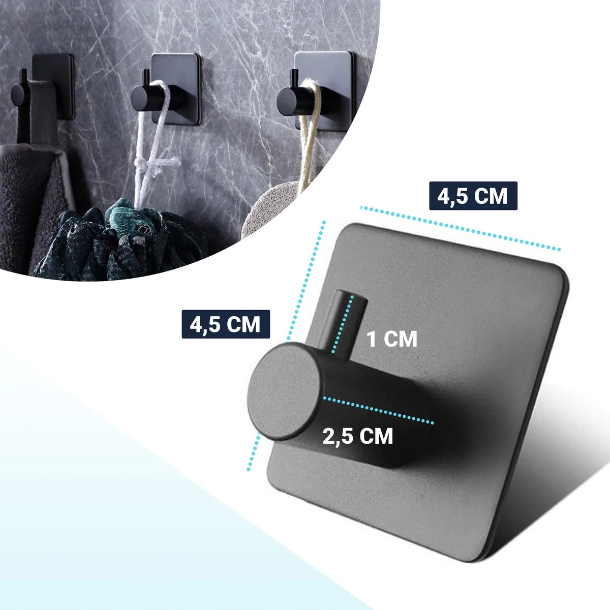 Qitch & Quisine Handdoekhaakjes - Set Van 3 Zwarte Haakjes - Zelfklevend - Waterbestendig - RVS 2 Qitch & Quisine Handdoekhaakjes - Set Van 3 Zwarte Haakjes - Zelfklevend - Waterbestendig - RVS - Afbeelding 2