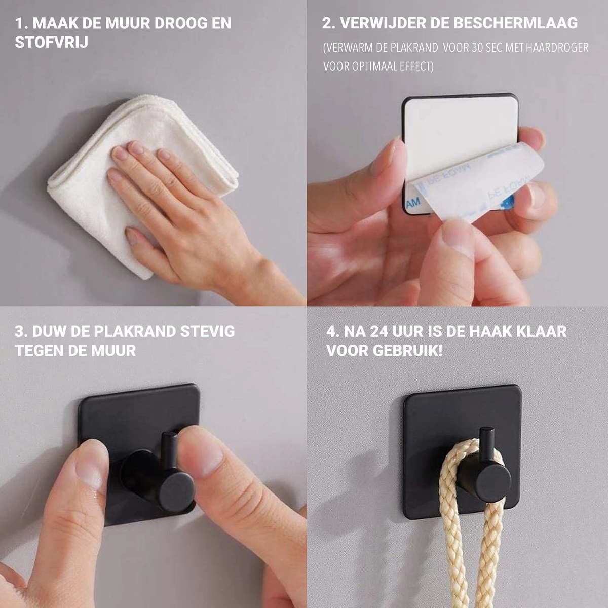 Qitch & Quisine Handdoekhaakjes - Set Van 3 Zwarte Haakjes - Zelfklevend - Waterbestendig - RVS 3 Qitch & Quisine Handdoekhaakjes - Set Van 3 Zwarte Haakjes - Zelfklevend - Waterbestendig - RVS - Afbeelding 3