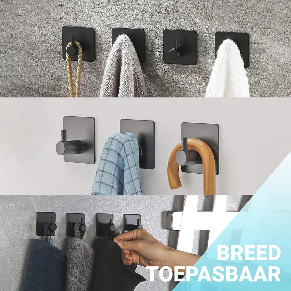 Qitch & Quisine Handdoekhaakjes - Set Van 3 Zwarte Haakjes - Zelfklevend - Waterbestendig - RVS 8 Qitch & Quisine Handdoekhaakjes - Set Van 3 Zwarte Haakjes - Zelfklevend - Waterbestendig - RVS - Afbeelding 8