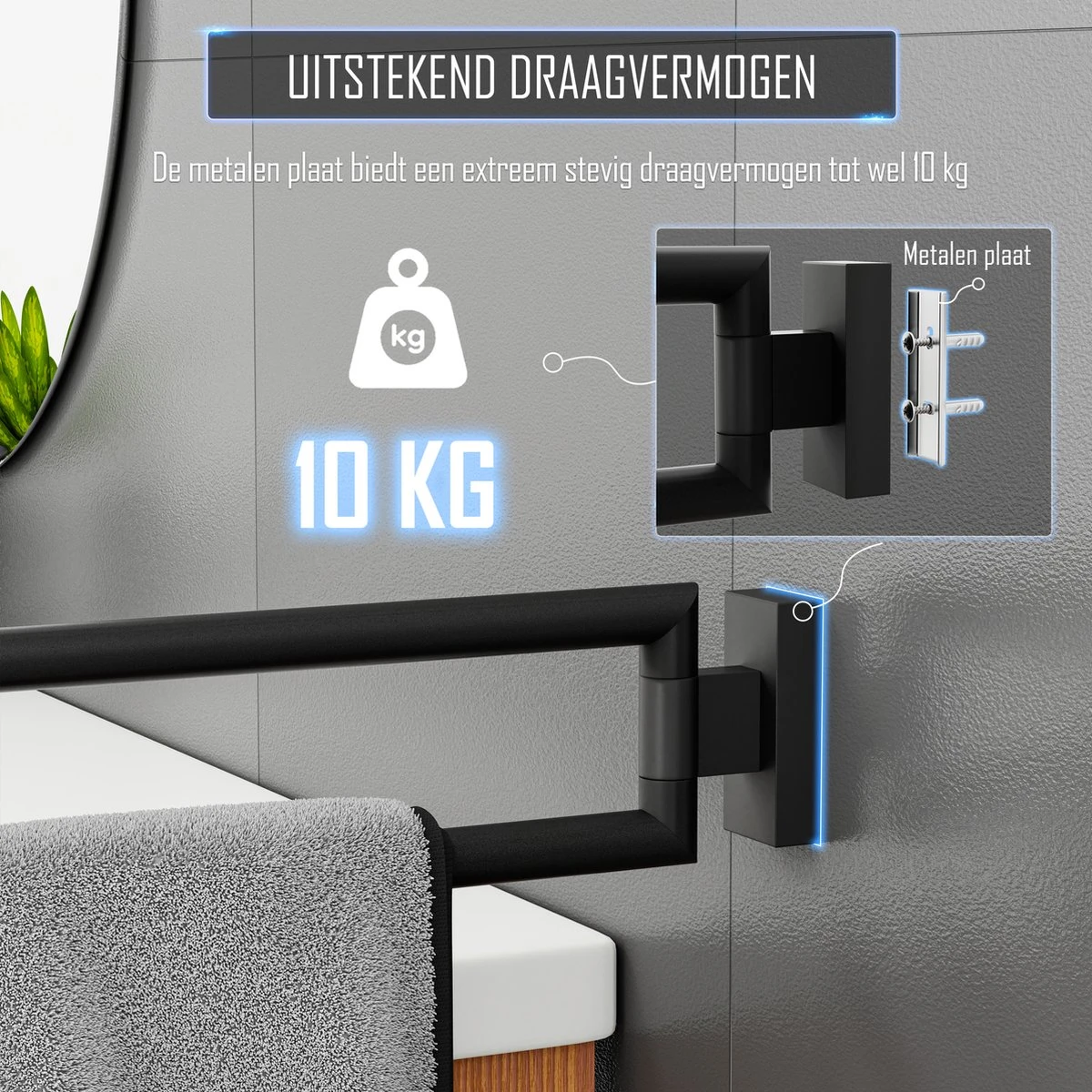 Nolad® Handdoekrek 2 Armig - Handdoekhouder - Handdoekenrek - RVS - Zwart 5 Nolad® Handdoekrek 2 Armig - Handdoekhouder - Handdoekenrek - RVS - Zwart - Afbeelding 5