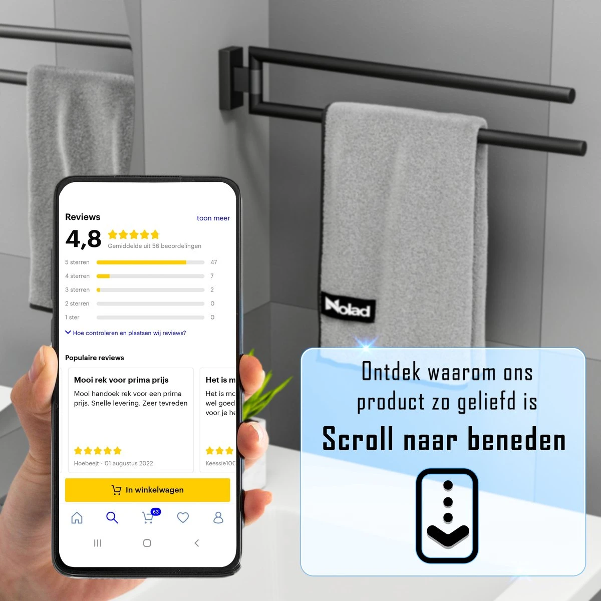 Nolad® Handdoekrek 2 Armig - Handdoekhouder - Handdoekenrek - RVS - Zwart 7 Nolad® Handdoekrek 2 Armig - Handdoekhouder - Handdoekenrek - RVS - Zwart - Afbeelding 7