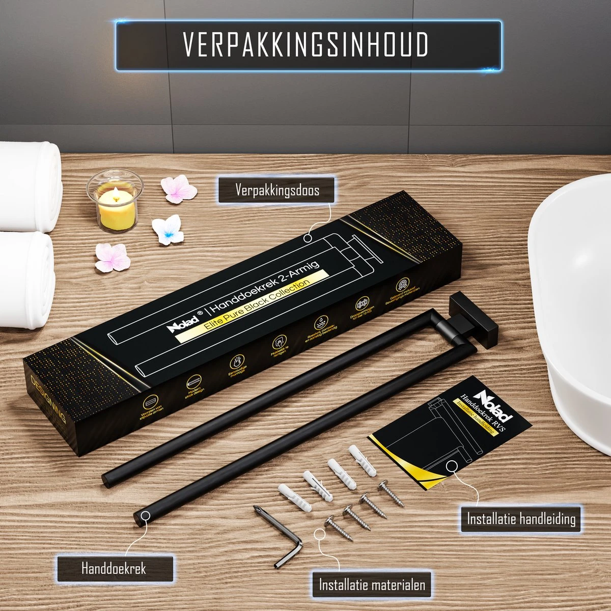 Nolad® Handdoekrek 2 Armig - Handdoekhouder - Handdoekenrek - RVS - Zwart 8 Nolad® Handdoekrek 2 Armig - Handdoekhouder - Handdoekenrek - RVS - Zwart - Afbeelding 8