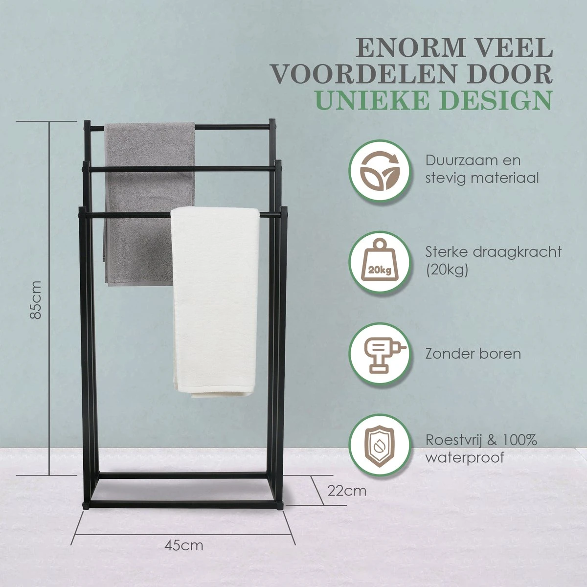 MIRI Handdoekrek – Handdoekhouder – Vrijstaand – Zwart – Staand – Metaal – 3 Rails – Zonder Boren – Badkamer / Keuken 2 MIRI Handdoekrek – Handdoekhouder – Vrijstaand – Zwart – Staand – Metaal – 3 Rails – Zonder Boren – Badkamer / Keuken - Afbeelding 2