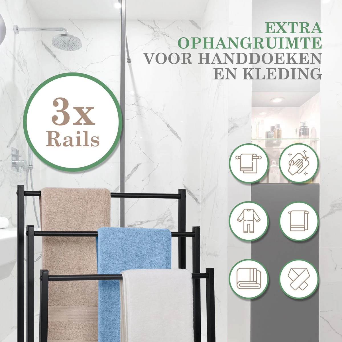 MIRI Handdoekrek – Handdoekhouder – Vrijstaand – Zwart – Staand – Metaal – 3 Rails – Zonder Boren – Badkamer / Keuken 5 MIRI Handdoekrek – Handdoekhouder – Vrijstaand – Zwart – Staand – Metaal – 3 Rails – Zonder Boren – Badkamer / Keuken - Afbeelding 5