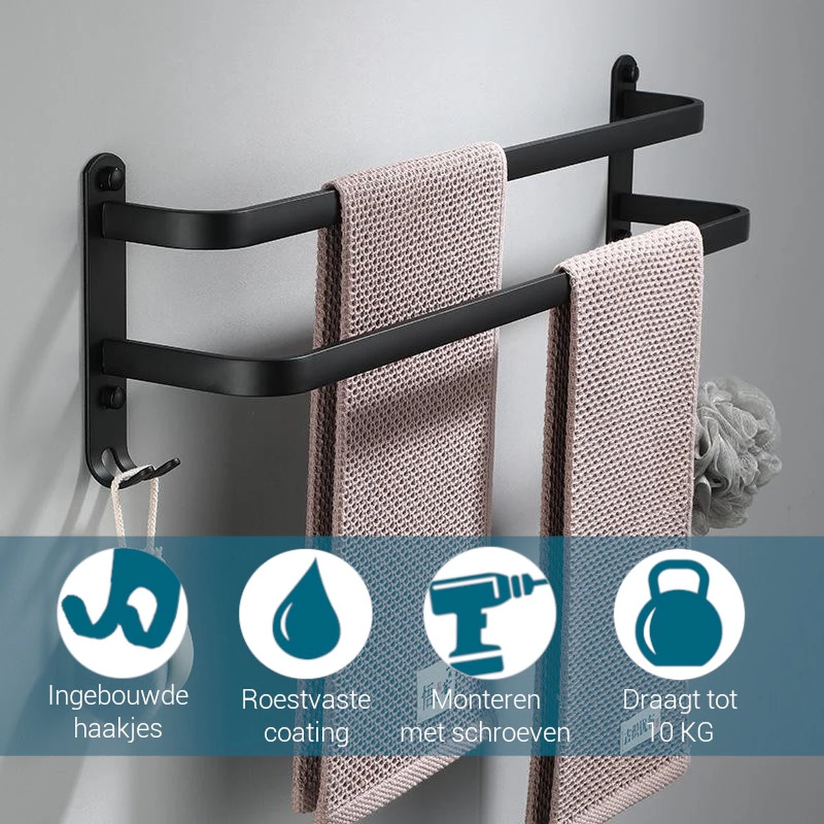 Vannons - Handdoekrek - Handdoekrek Badkamer - 2 Handdoeken - Zwart 5 Vannons - Handdoekrek - Handdoekrek Badkamer - 2 Handdoeken - Zwart - Afbeelding 5