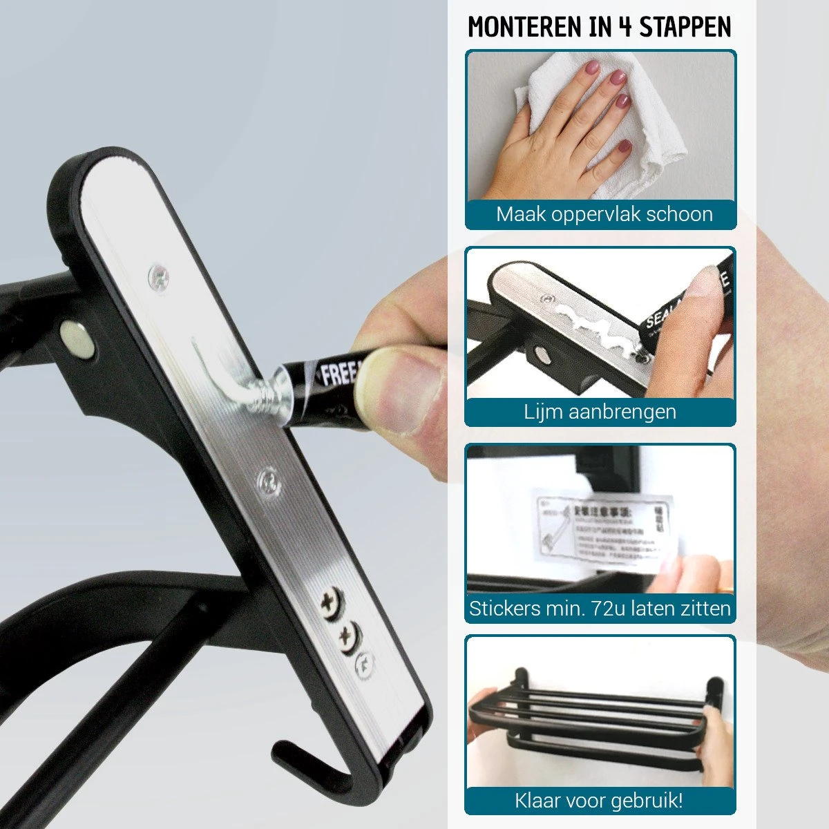 Vannons - Handdoekrek - Handdoekrek Badkamer - 2 Handdoeken - Handdoekrek Zelfklevend - Zwart 8 Vannons - Handdoekrek - Handdoekrek Badkamer - 2 Handdoeken - Handdoekrek Zelfklevend - Zwart - Afbeelding 8