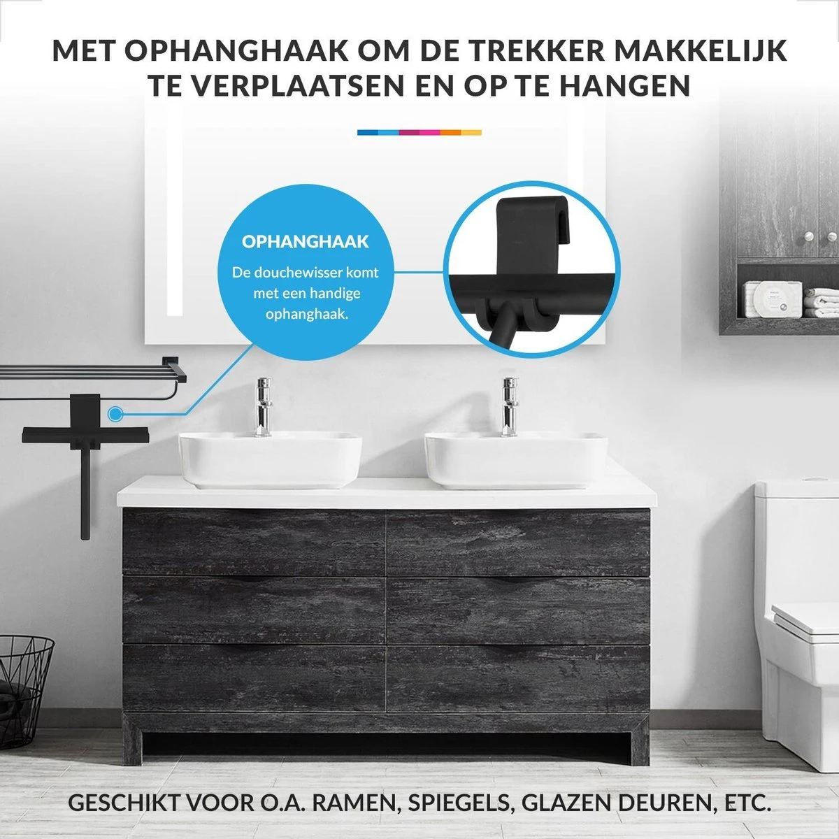 Douchewisser Met Ophanghaak – Trekker Douche – Douchetrekker Voor Badkamer – Raamwisser Douche – Zwart 4 Douchewisser Met Ophanghaak – Trekker Douche – Douchetrekker Voor Badkamer – Raamwisser Douche – Zwart - Afbeelding 4
