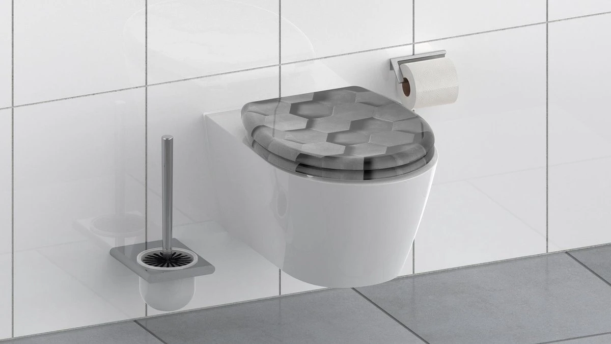 SCHÜTTE WC-Bril 82392 GREY HEXAGONS - Duroplast - Soft Close - Afklikbaar - RVS-Scharnieren - Decor - 3-zijdige Print 6 SCHÜTTE WC-Bril 82392 GREY HEXAGONS - Duroplast - Soft Close - Afklikbaar - RVS-Scharnieren - Decor - 3-zijdige Print - Afbeelding 6